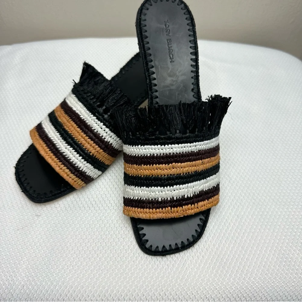 Tory Burch Eleanor Square Tie Braided Raffia Kitten Heel Sandal Sz 7